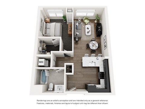 Floor plan for 1 bed, 1 bath, 720 sqft